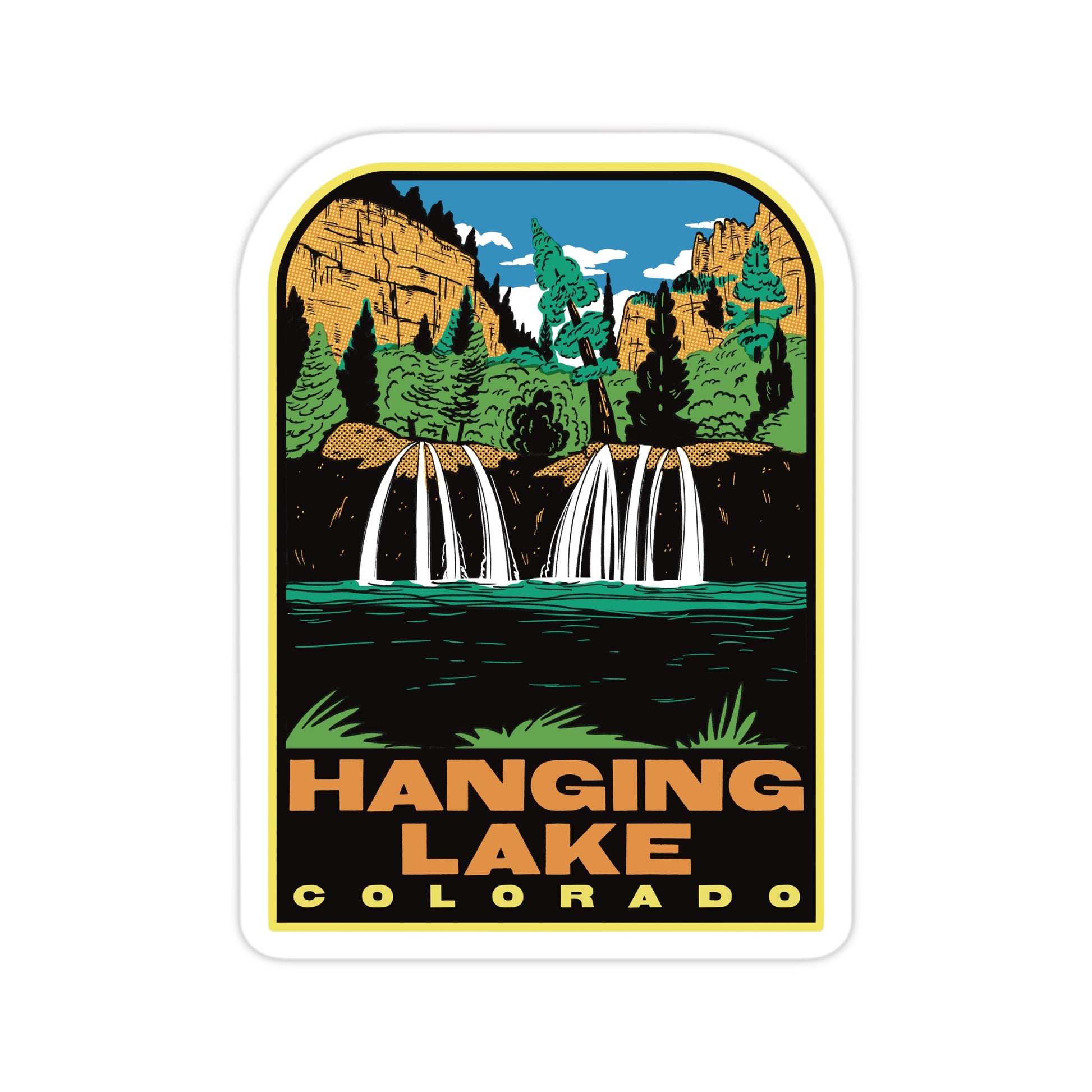 Sticker with Hanging Lake Colorado design featuring waterfalls and mountains.