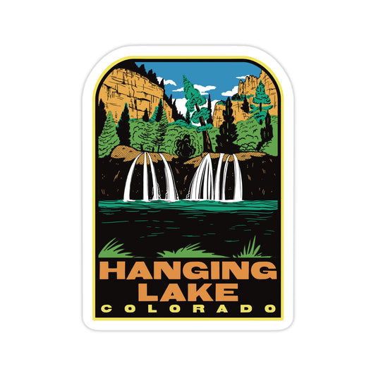 Sticker with Hanging Lake Colorado design featuring waterfalls and mountains.