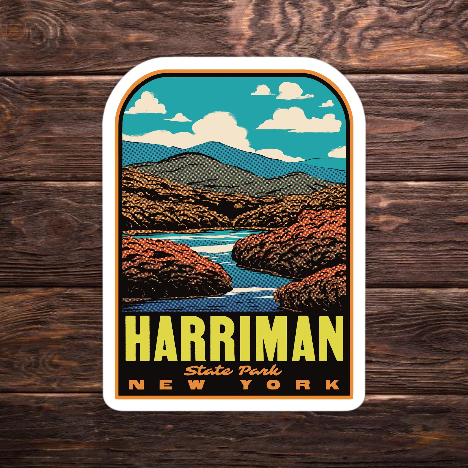Sticker of Harriman State Park, New York with a scenic design on a wooden background