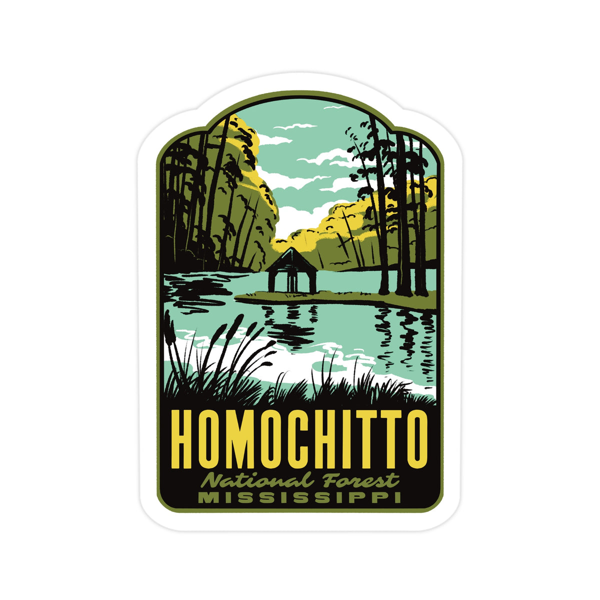A vintage-style travel sticker of Homochitto National Forest in Mississippi, featuring a scenic illustration of a lake, trees, and a gazebo with bold yellow text at the bottom.