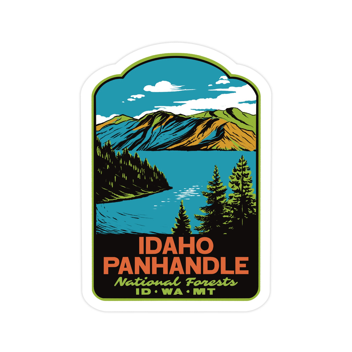 a sticker that reads "Idaho Panhandle National Forest" and features a drawing of Lake Pend Orielle.