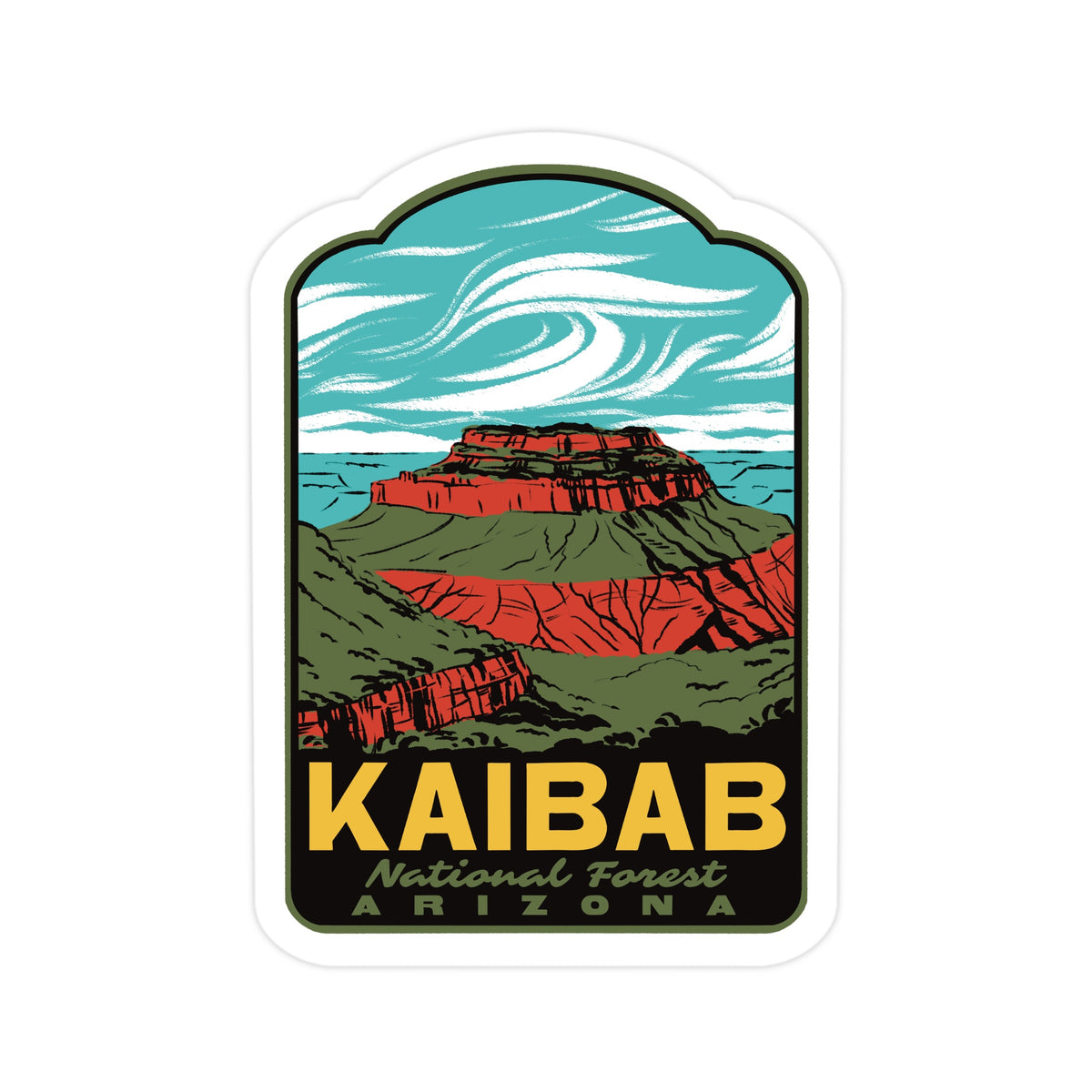a sticker of Kaibab National Forest on a white background that features a view of Rainbow Rim