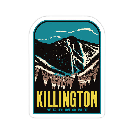 Sticker with mountain design and 'Killington Vermont' text on a white background