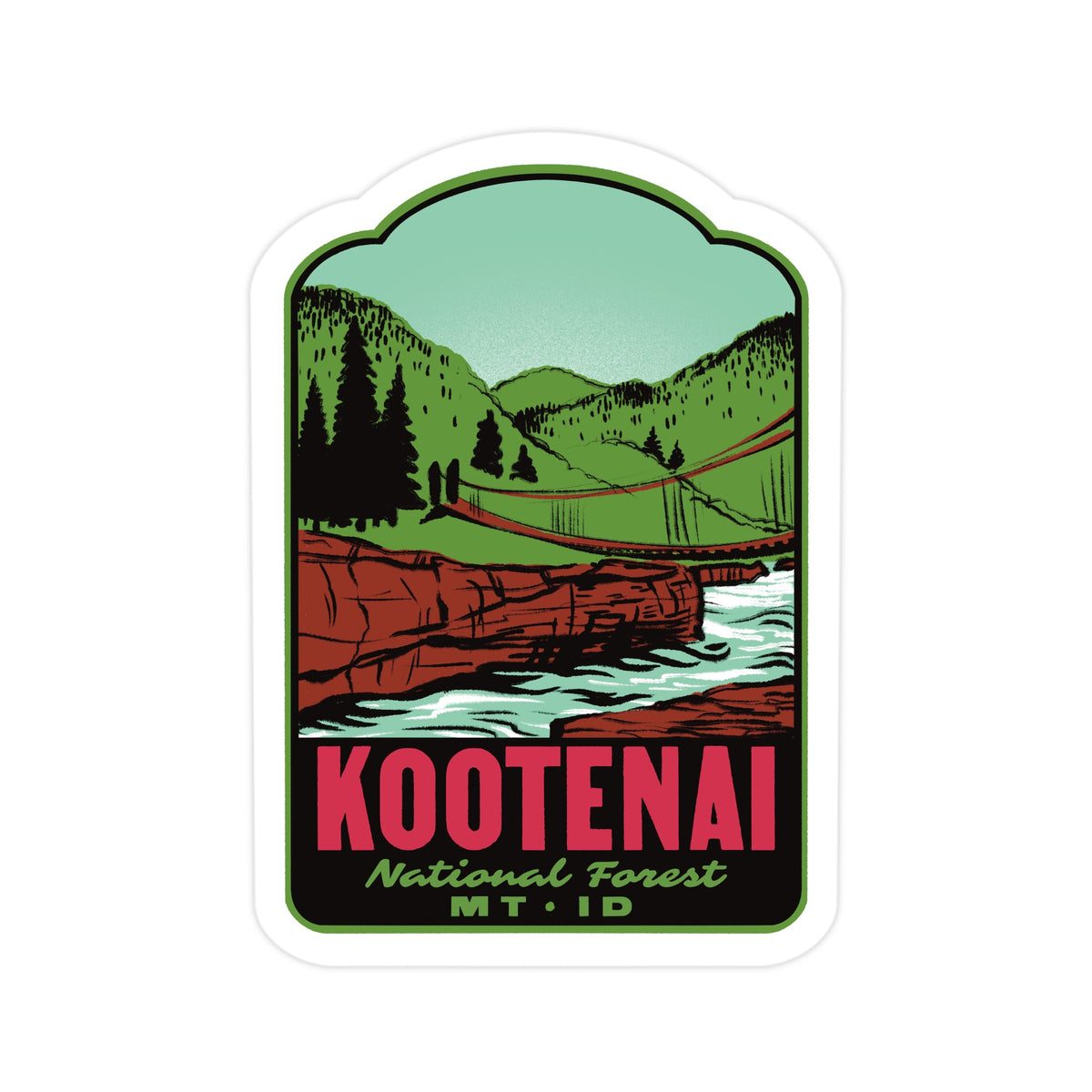 A kiss-cut sticker featuring a retro-style Kootenai National Forest landscape illustration with green hills, red rock, white river, and bold red and green text reading 'KOOTENAI National Forest MT. ID'.