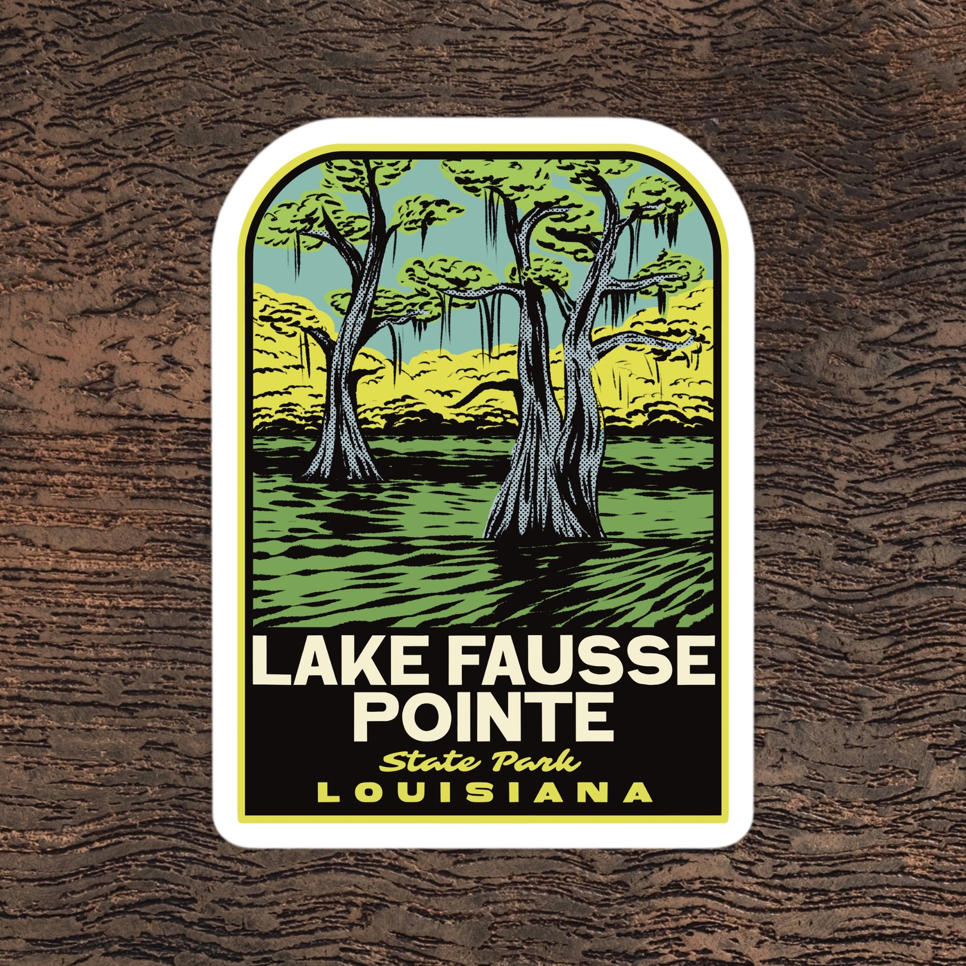 Sticker of Lake Fausse Pointe State Park, Louisiana on a wooden surface