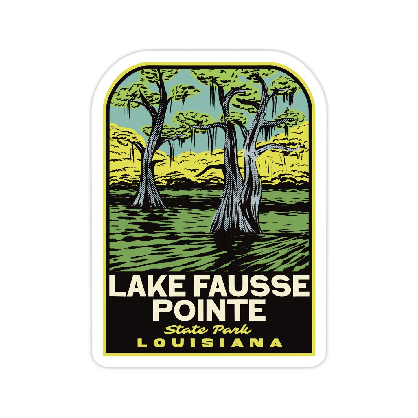 Sticker with illustration of trees and 'Lake Fausse Pointe State Park Louisiana' text.