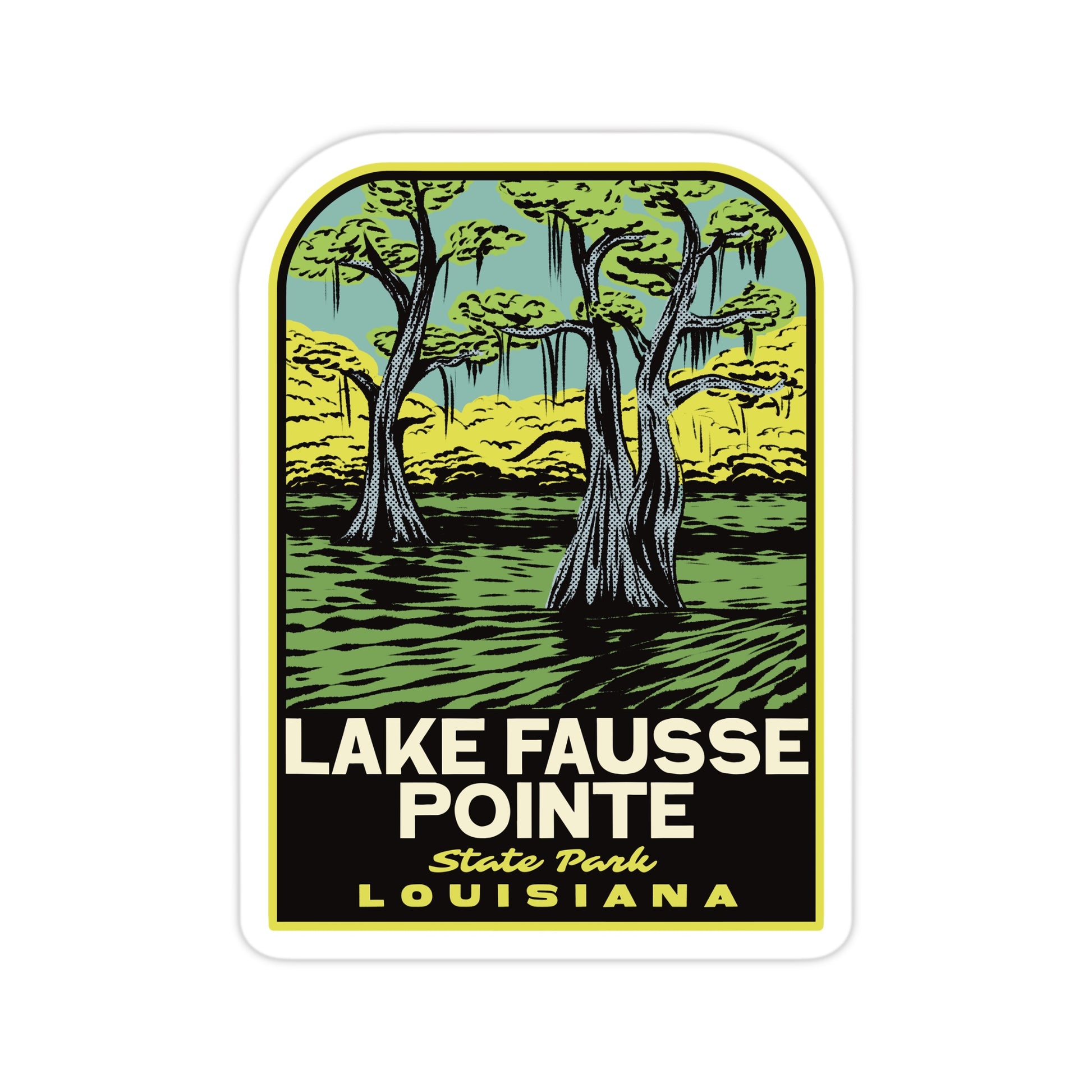 Sticker with illustration of trees and 'Lake Fausse Pointe State Park Louisiana' text.