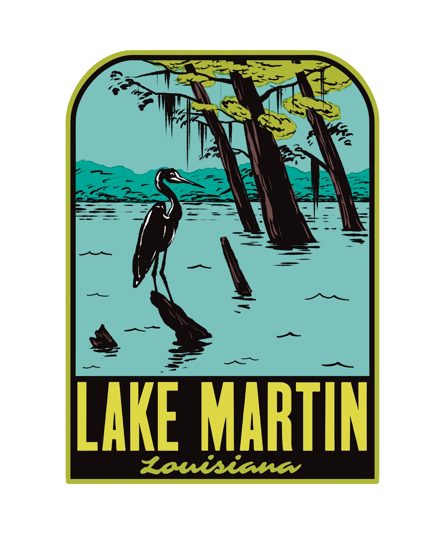 Sticker design of a heron in a lake with trees and 'Lake Martin, Louisiana' text.