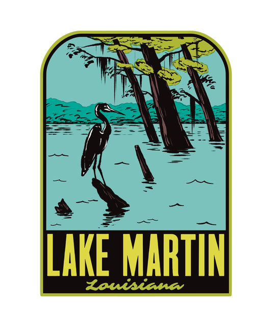 Sticker design of a heron in a lake with trees and 'Lake Martin, Louisiana' text.