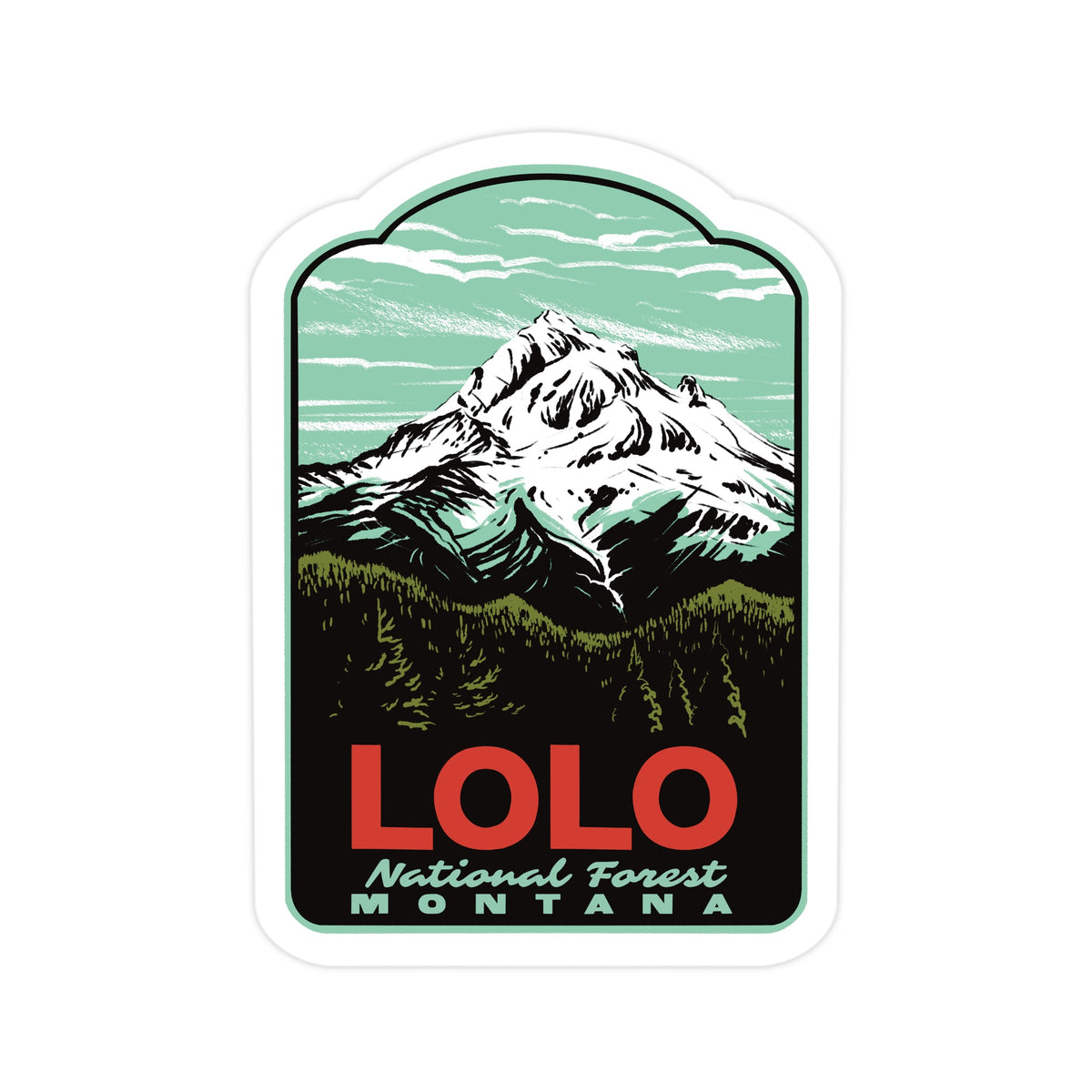 A die-cut sticker featuring a stylized mountain landscape with the text 'LOLO National Forest MONTANA' on a white background.