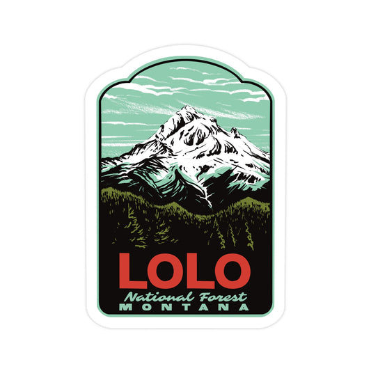 A die-cut sticker featuring a stylized mountain landscape with the text 'LOLO National Forest MONTANA' on a white background.