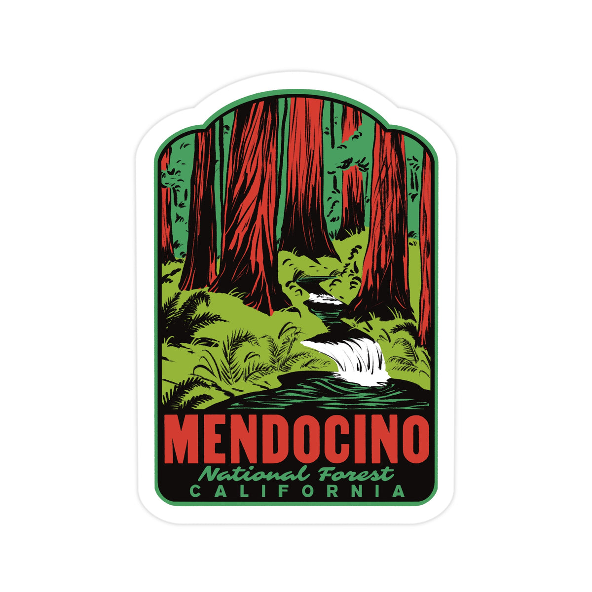 A die-cut sticker featuring a vintage-style illustration of a redwood forest with a waterfall and the text 'MENDOCINO National Forest CALIFORNIA' on a white background.