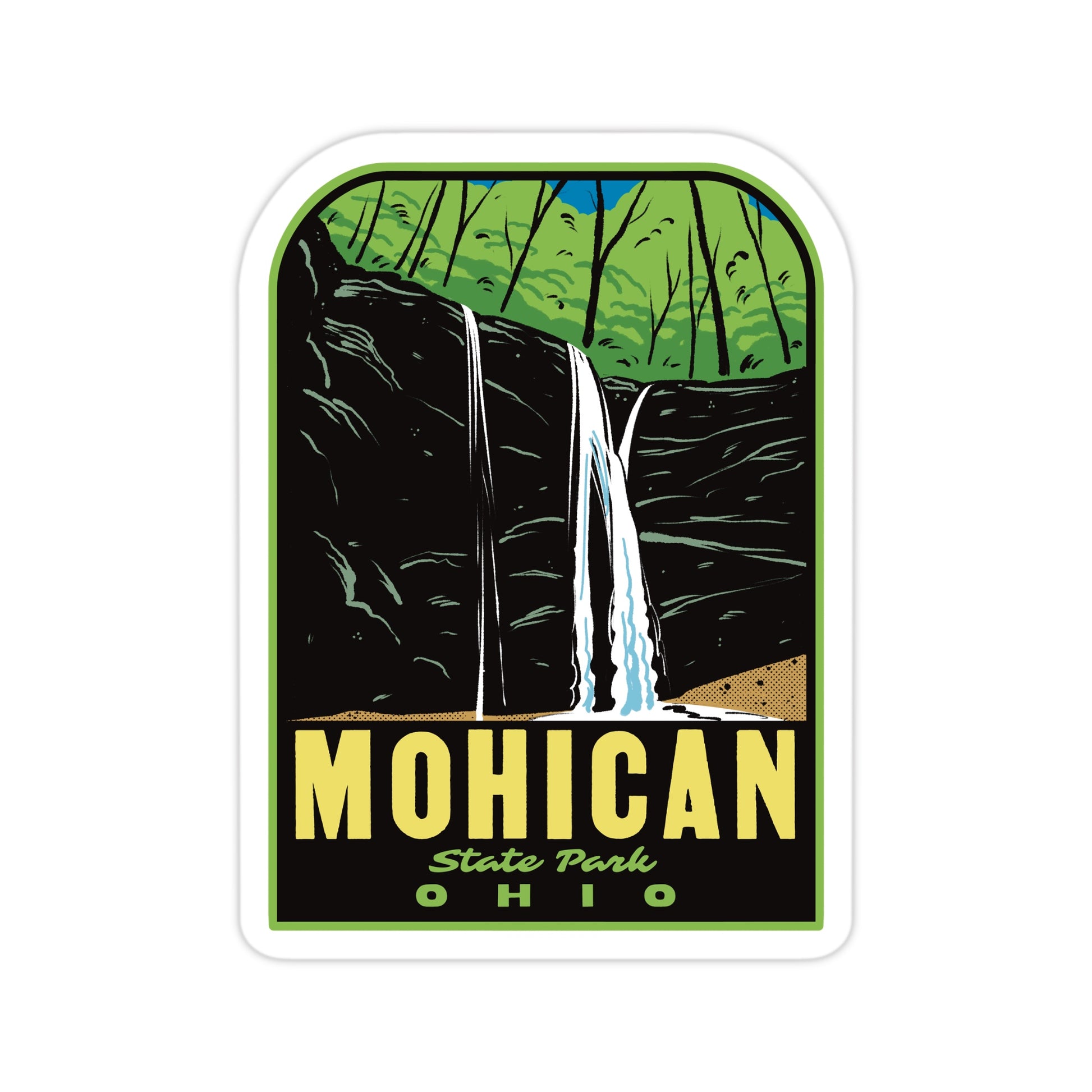 Sticker with a waterfall design and 'Mohican State Park, Ohio' text on a white background