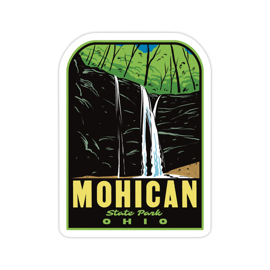 Sticker with a waterfall design and 'Mohican State Park, Ohio' text on a white background