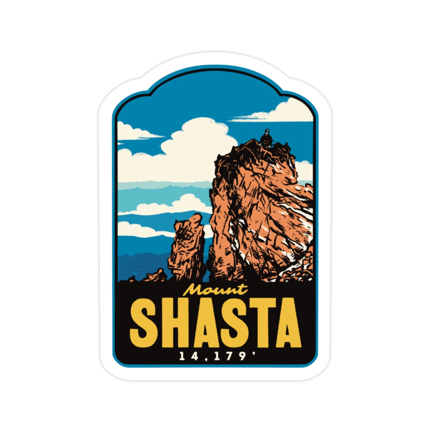 A die-cut sticker featuring an illustration of Mount Shasta with blue sky, clouds, and orange-brown rock formations, plus the text 'Mount SHASTA 14,179' on a white background.