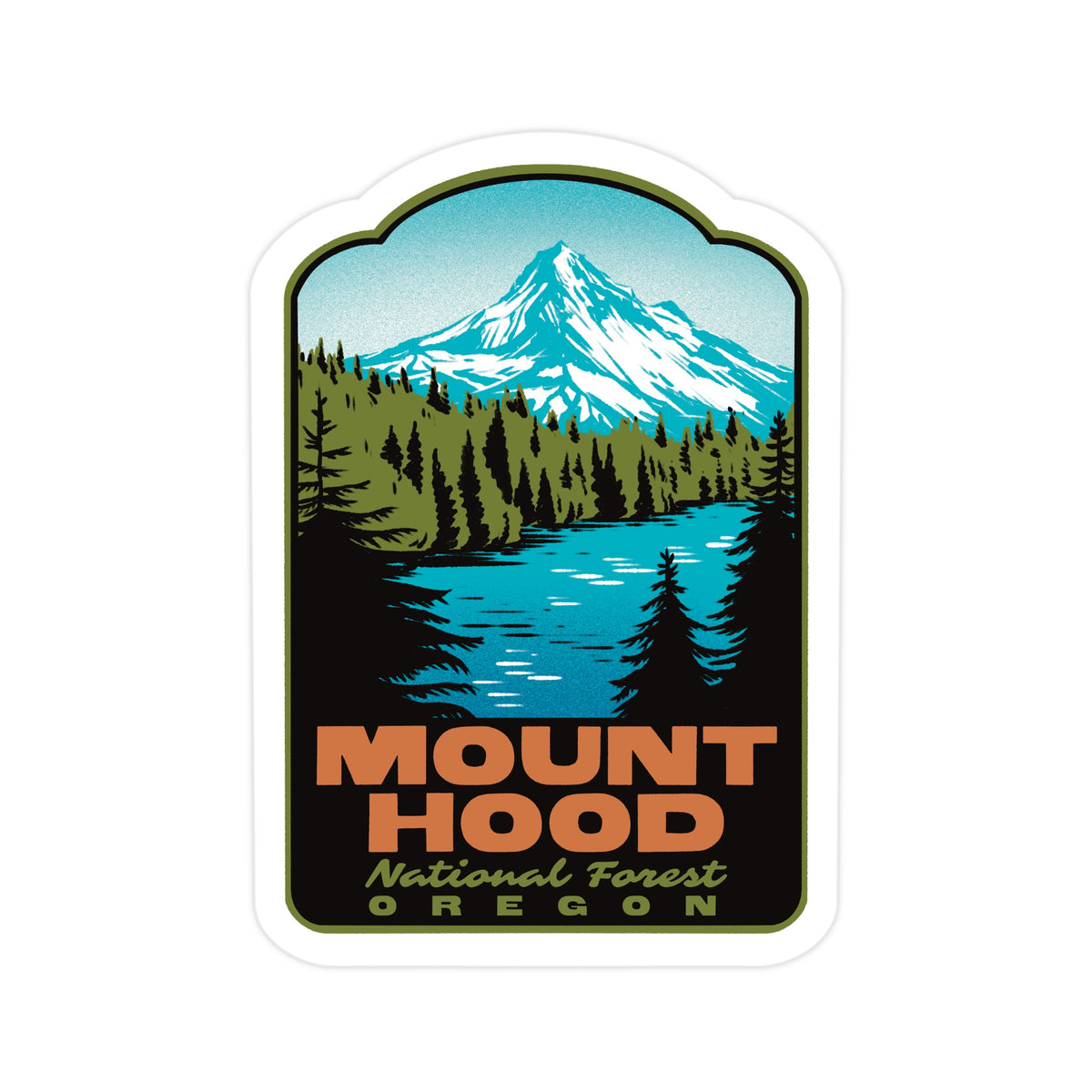 A die-cut sticker featuring a retro-style illustration of Mount Hood National Forest in Oregon, with a snow-capped mountain, blue lake, green trees, and bold orange text reading 'MOUNT HOOD' and smaller text 'National Forest OREGON'.