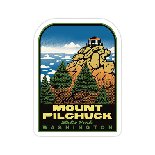 Sticker of Mount Pilchuck State Park in Washington with a lighthouse on a rocky outcrop.