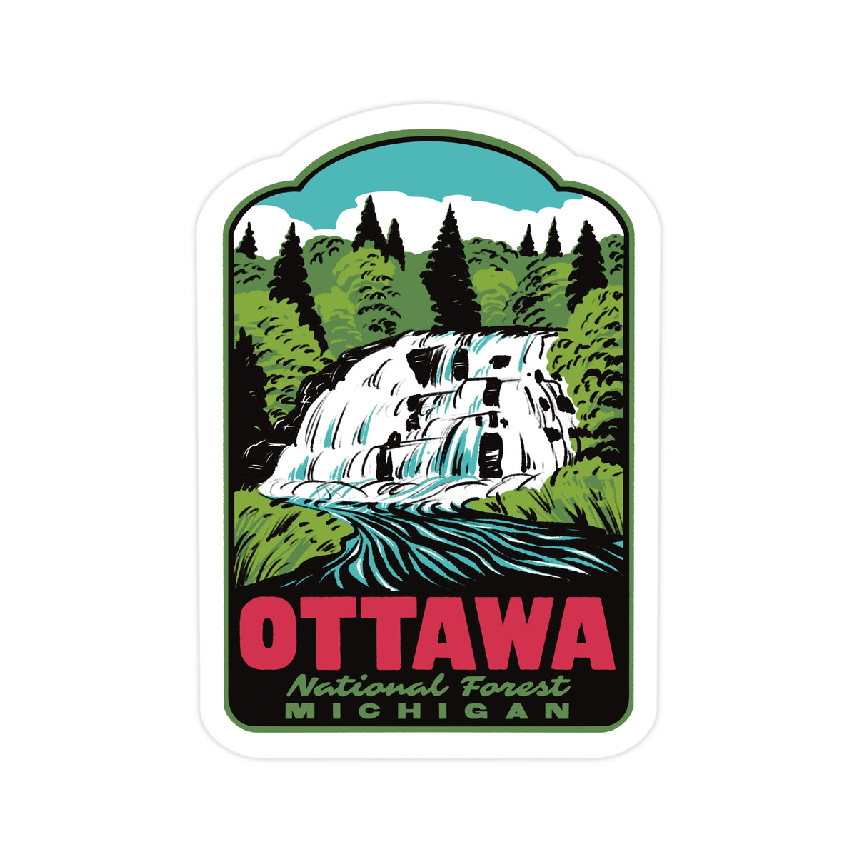A sticker of Ottawa National Forest featuring Bond Falls on a white background
