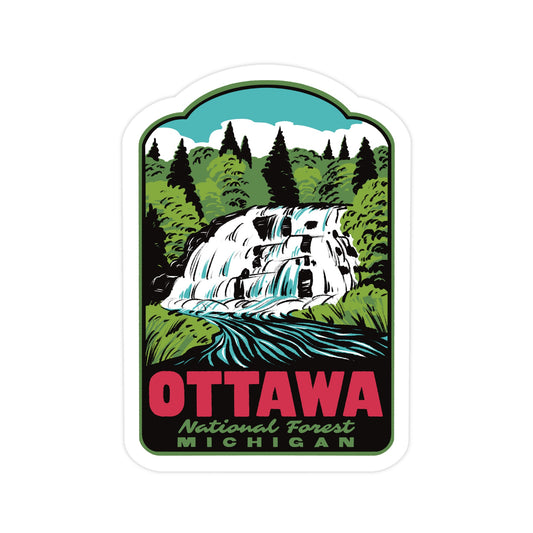 A sticker of Ottawa National Forest featuring Bond Falls on a white background