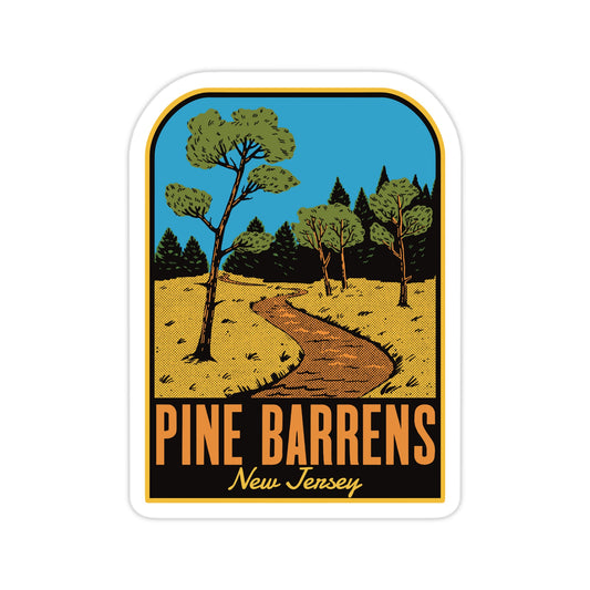 Sticker with a design of a path through the Pine Barrens, New Jersey, featuring trees and a blue sky.