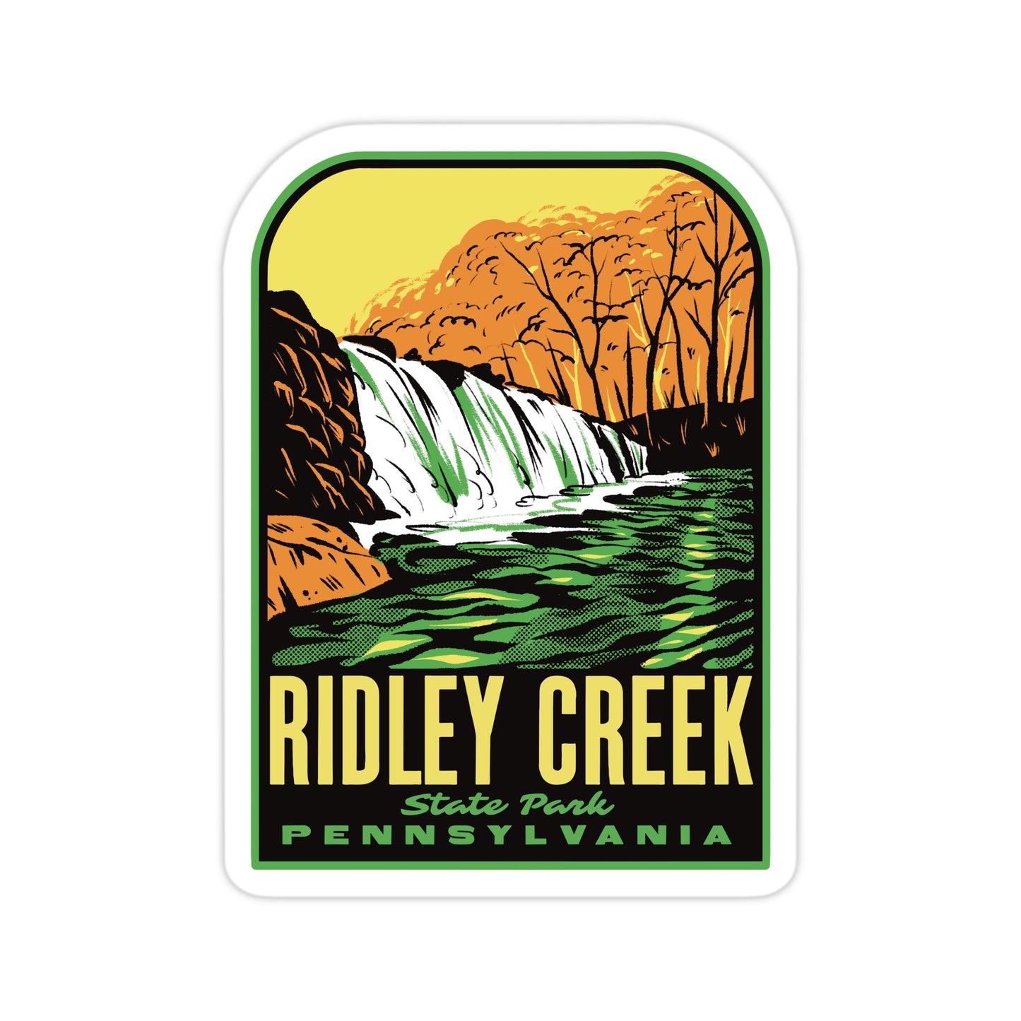 Sticker with a waterfall design and 'Ridley Creek State Park Pennsylvania' text on a white background