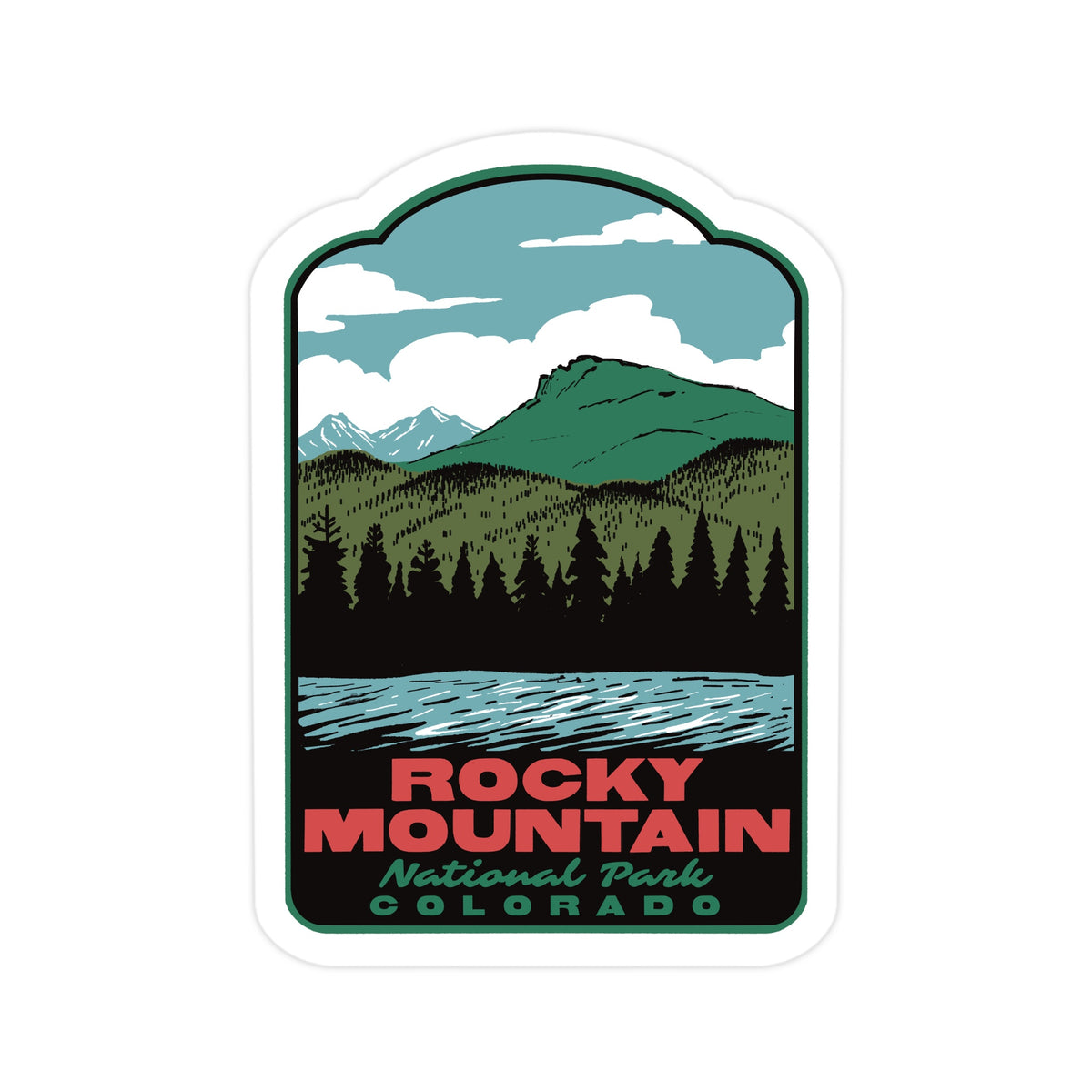 a sticker of Lily Lake in Rocky Mountain National Park on a white surface