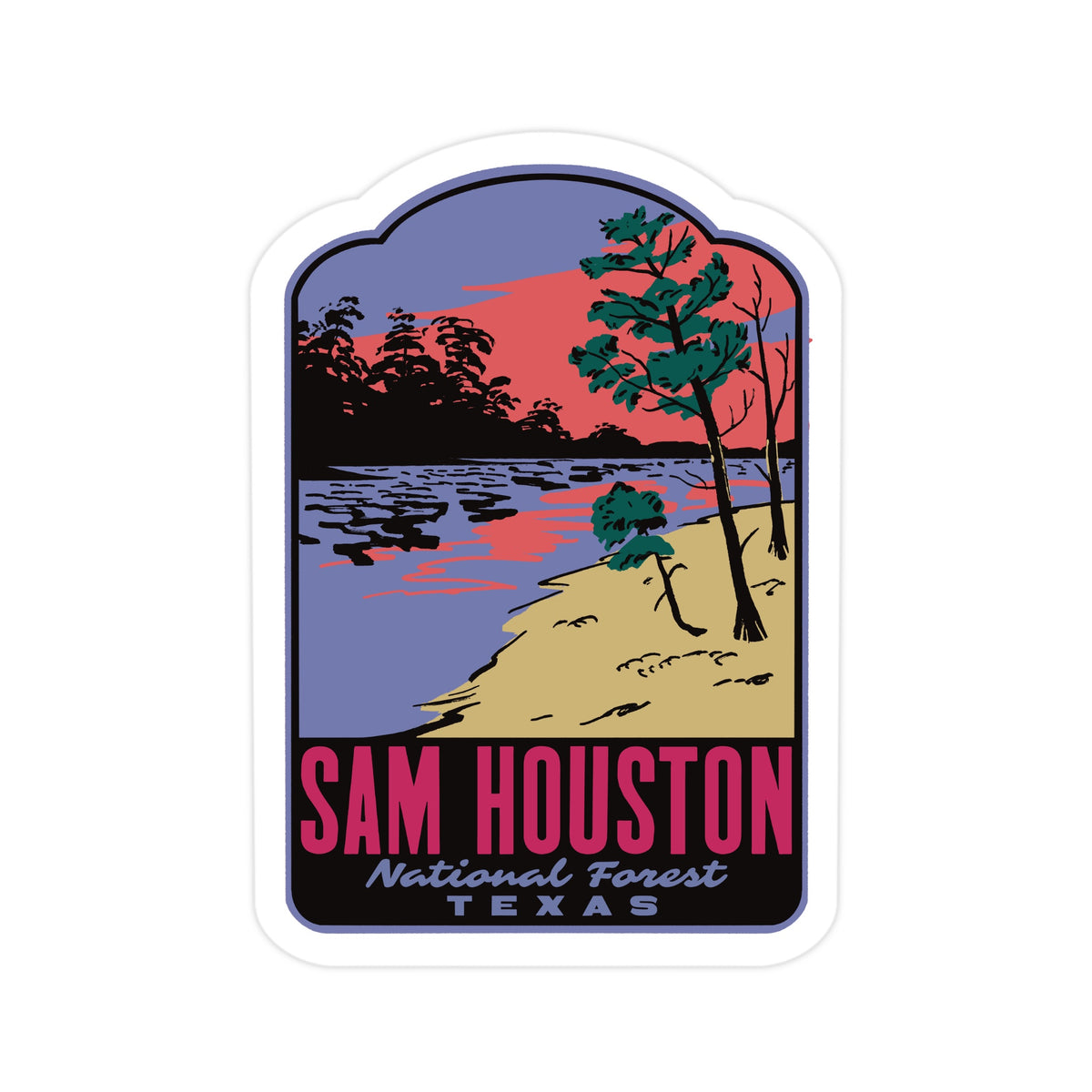 Hand-drawn retro travel sticker featuring  forest scenery in the Sam Houston National Forest, Texas.