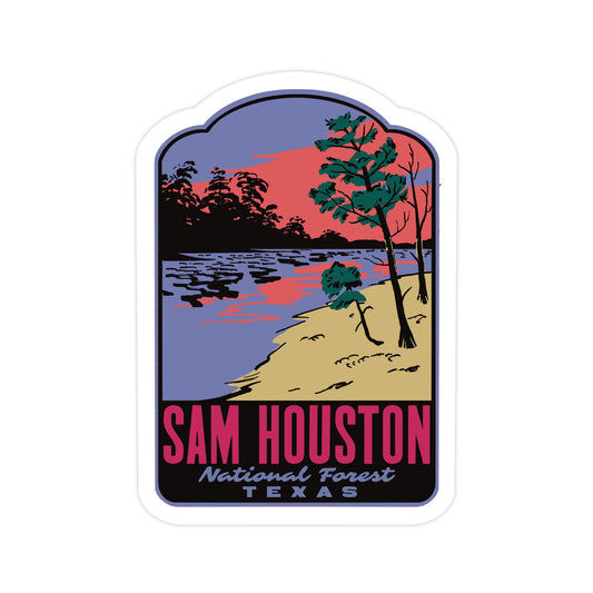 Hand-drawn retro travel sticker featuring  forest scenery in the Sam Houston National Forest, Texas.