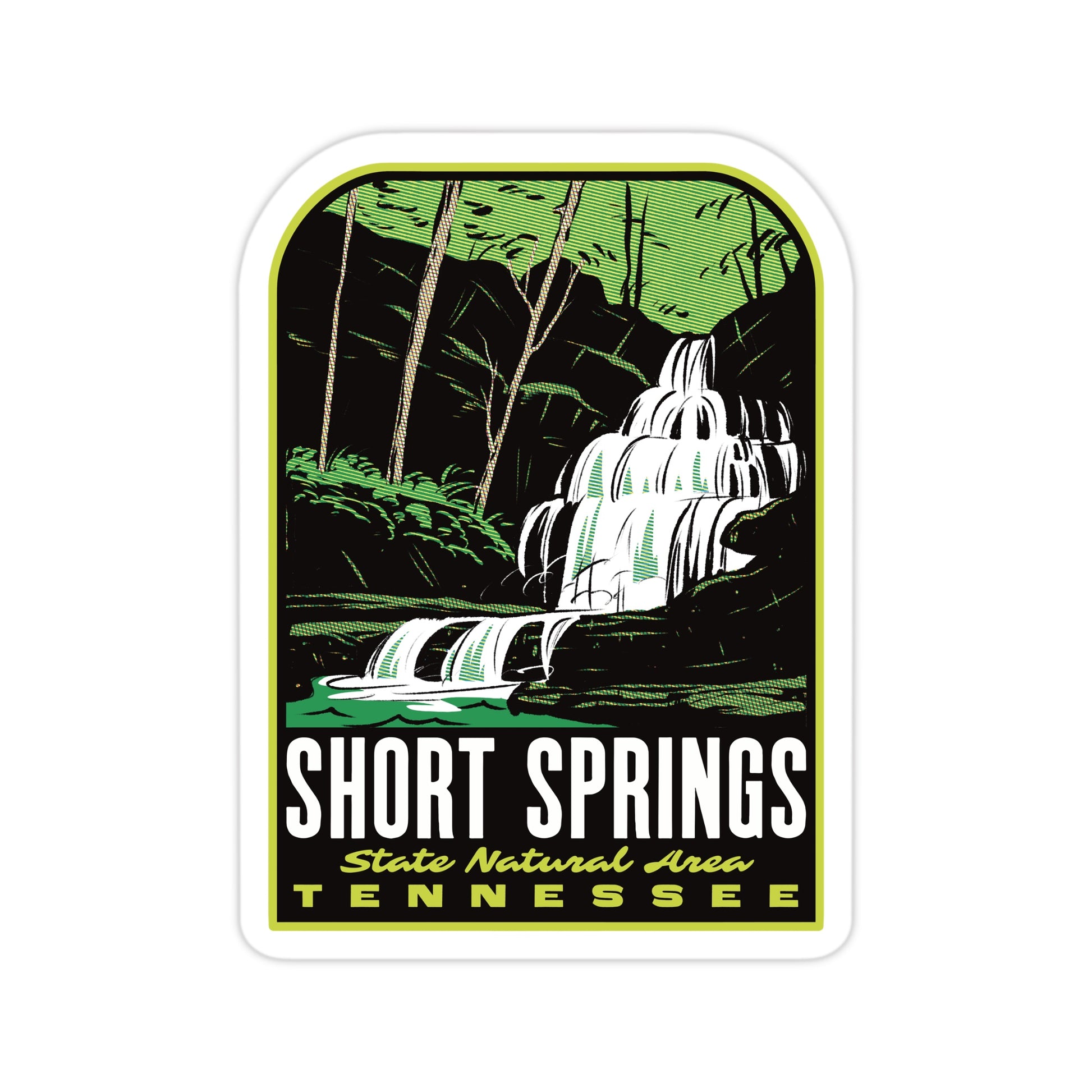 Sticker with a waterfall design and text 'Short Springs State Natural Area Tennessee' on a white background.