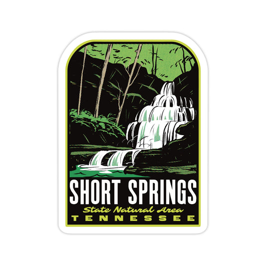 Sticker with a waterfall design and text 'Short Springs State Natural Area Tennessee' on a white background.
