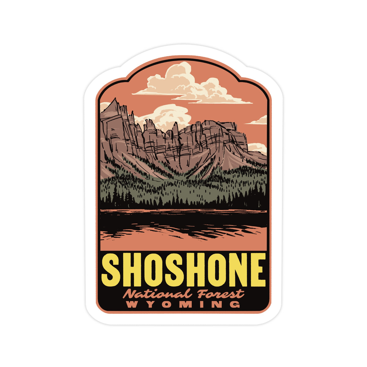 a sticker that reads "Shoshone National Forest Wyoming" on a white surface