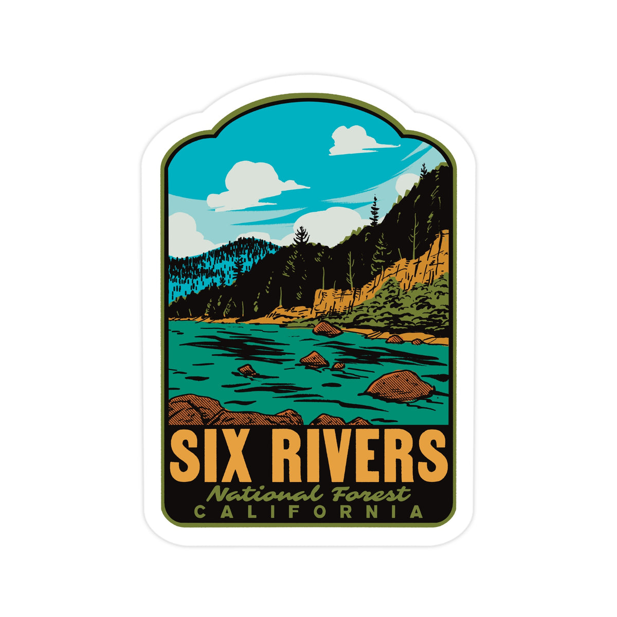 a sticker that reads "Six Rivers National Forest California" on a white background