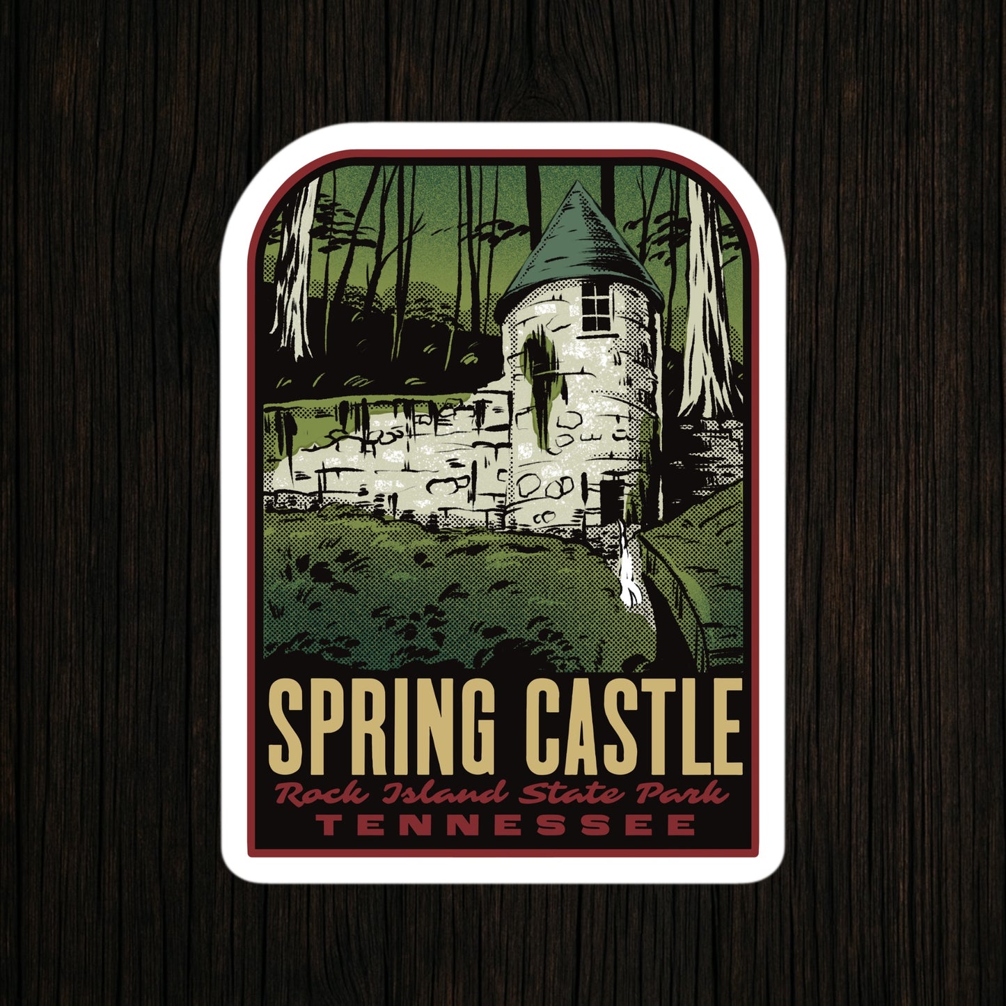 Sticker of Spring Castle at Rock Island State Park, Tennessee on a wooden background