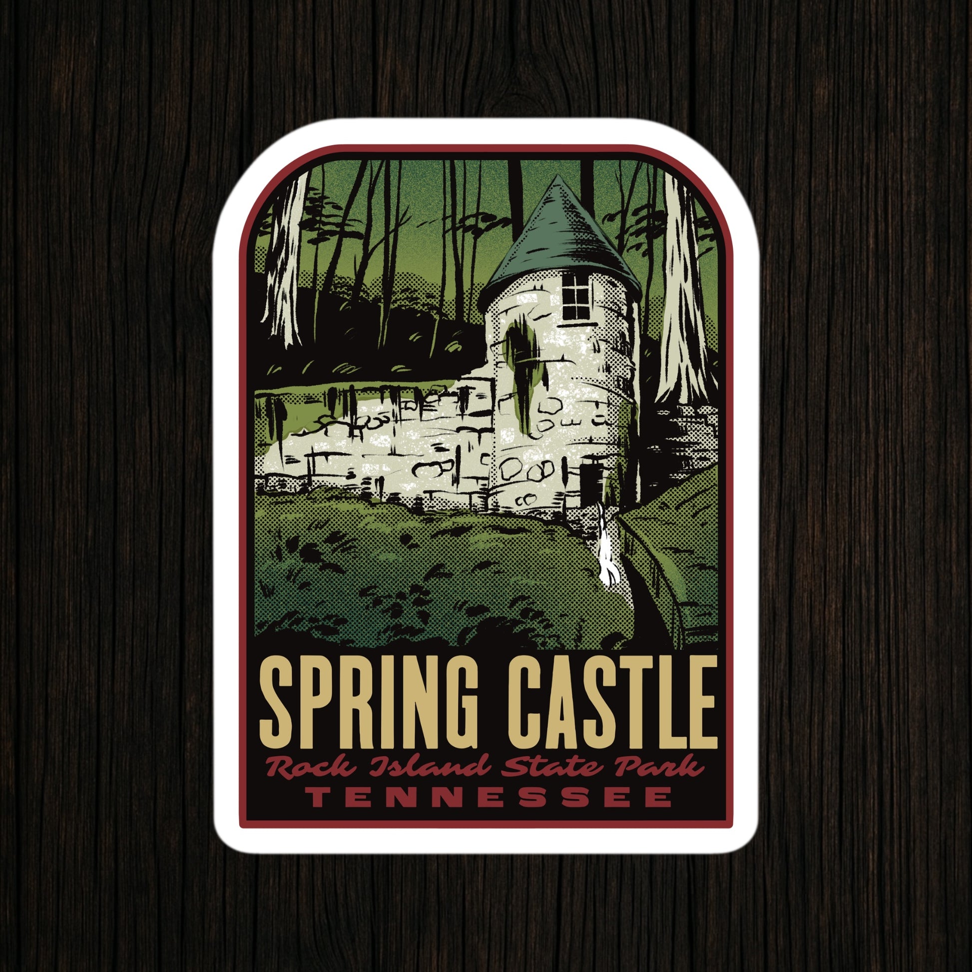Sticker of Spring Castle at Rock Island State Park, Tennessee on a wooden background