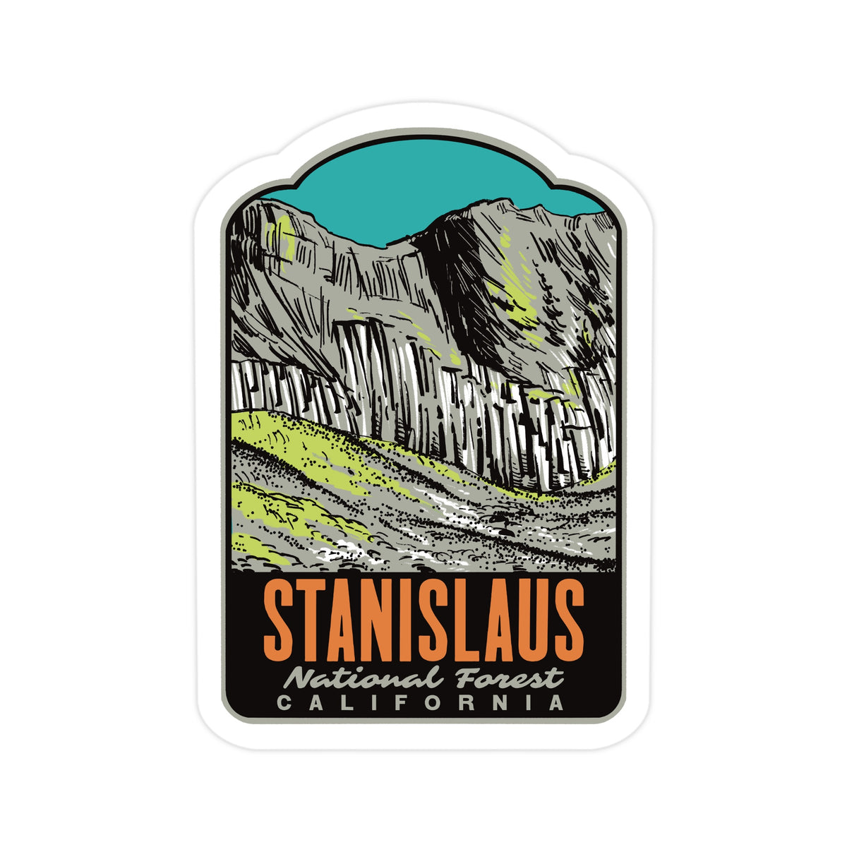 A die-cut sticker featuring an illustrated mountain landscape with the text 'STANISLAUS National Forest CALIFORNIA' on a white background.