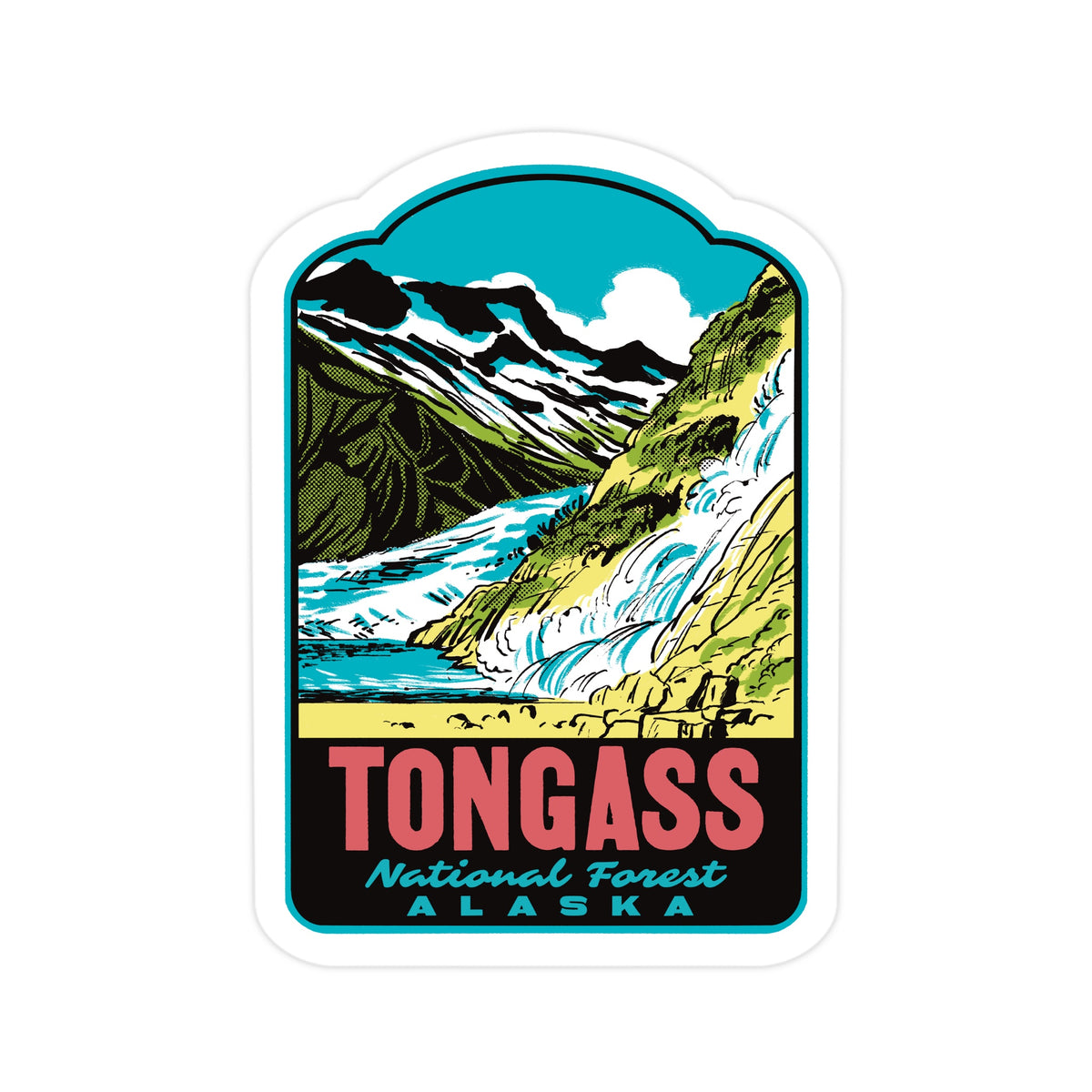 A die-cut sticker featuring a retro-style illustration of Tongass National Forest in Alaska, with mountains, a waterfall, and the text 'TONGASS National Forest ALASKA' on a white background.