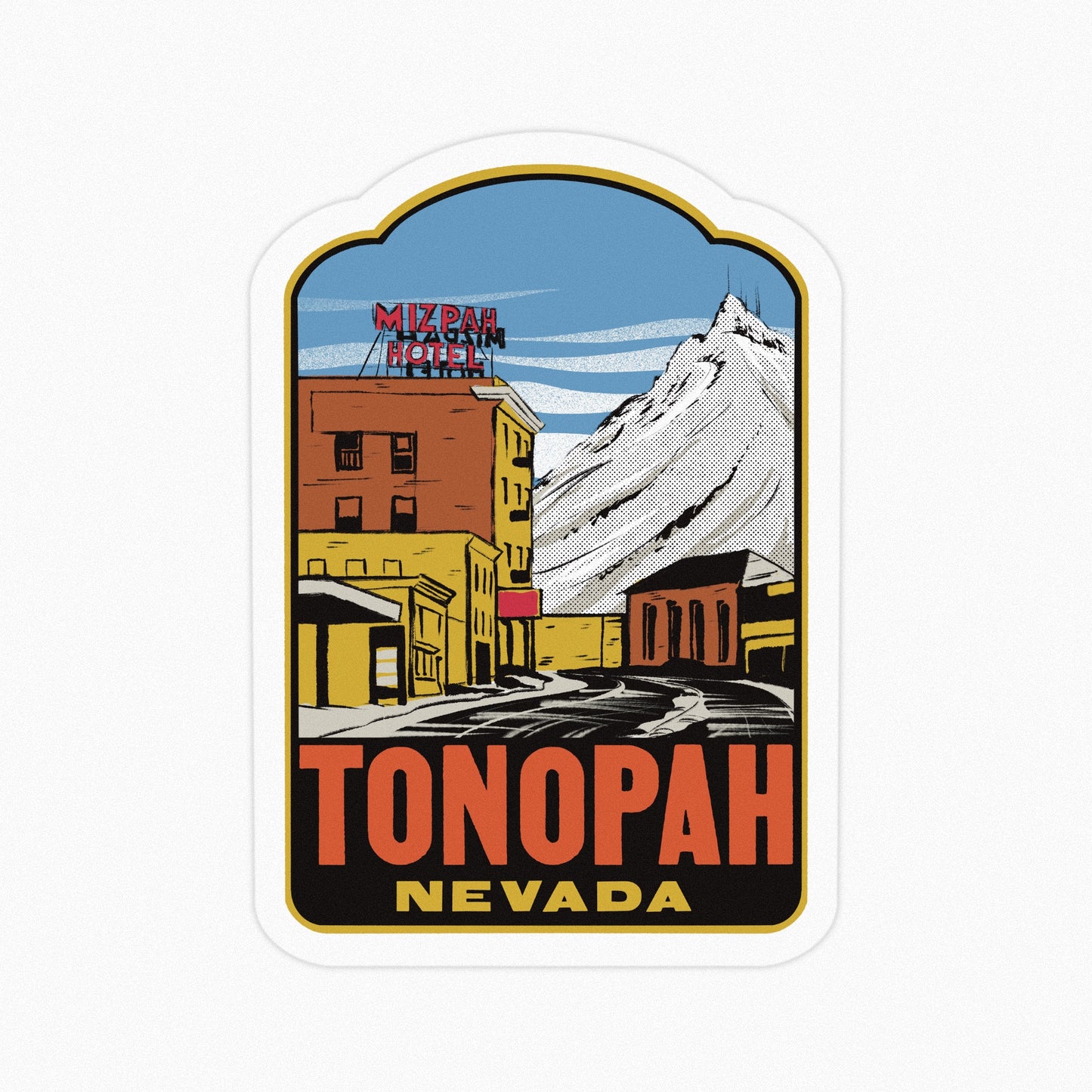 Sticker of Tonopah, Nevada with a building and mountain illustration.