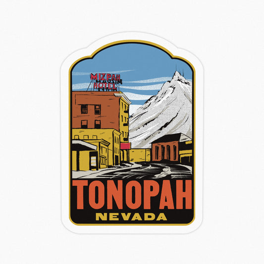 Sticker of Tonopah, Nevada with a building and mountain illustration.