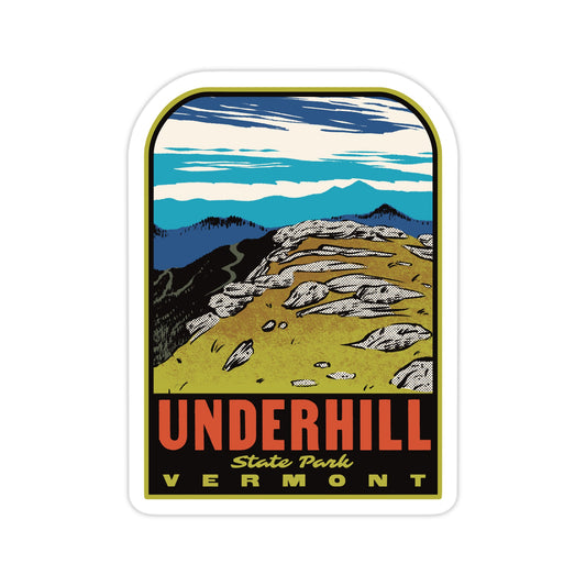 Sticker with Underhill State Park, Vermont design featuring mountains and landscape.