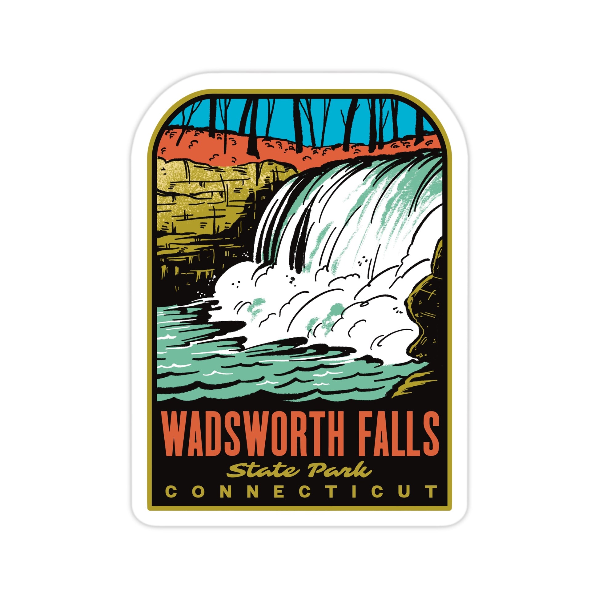 A sticker of Wadsworth Falls State Park Connecticut on a white surface