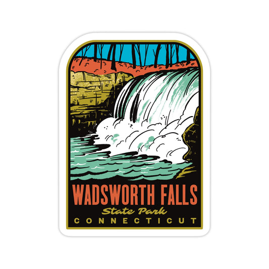 A sticker of Wadsworth Falls State Park Connecticut on a white surface