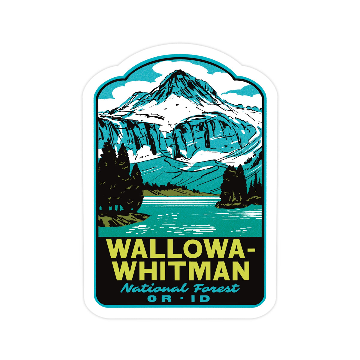 A die-cut sticker featuring a stylized illustration of a mountain, lake, and trees in teal, black, white, and yellow, with the text 'WALLOWA-WHITMAN National Forest OR ID' on a white background.
