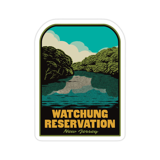 Sticker with a scenic design of a lake and trees, featuring the text 'Watchung Reservation New Jersey'.