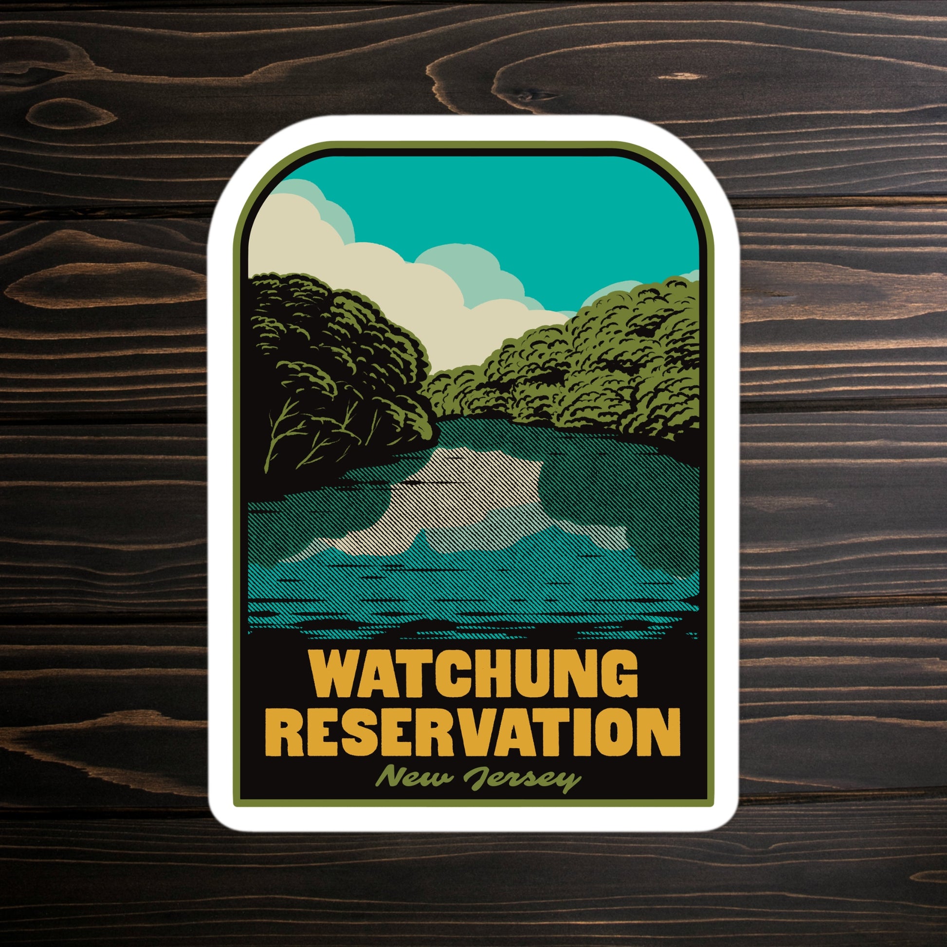 Sticker of Watchingung Reservation, New Jersey with a scenic design on a wooden background.