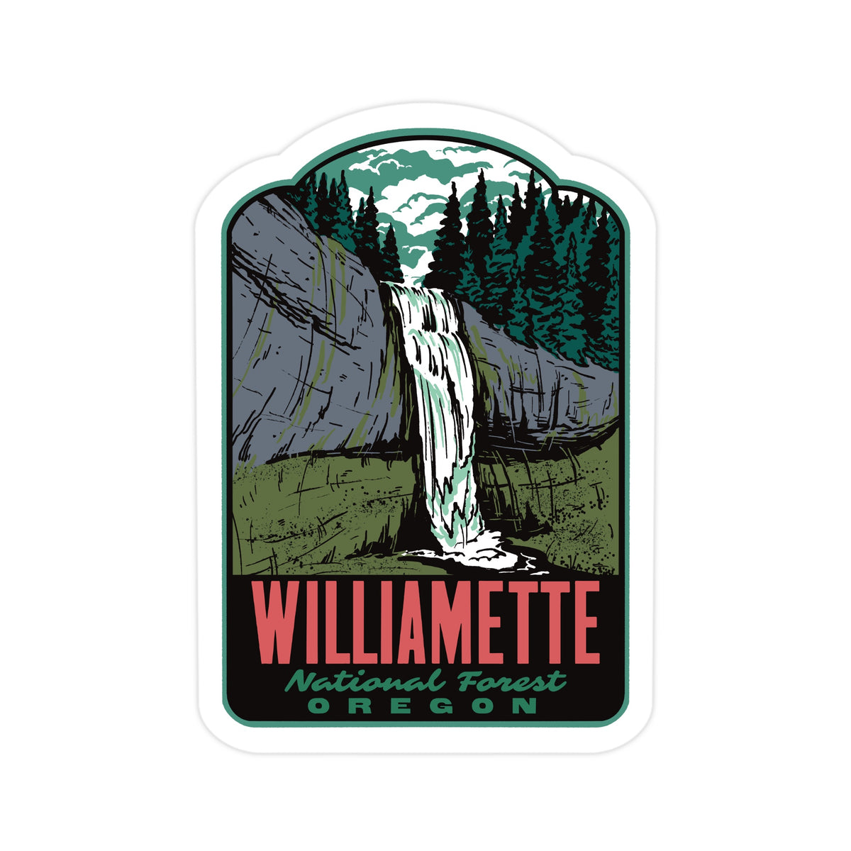 A die-cut sticker featuring a stylized illustration of the Willamette National Forest in Oregon, with a waterfall, pine trees, rocky cliffs, and the text 'WILLAMETTE National Forest OREGON' on a white background.