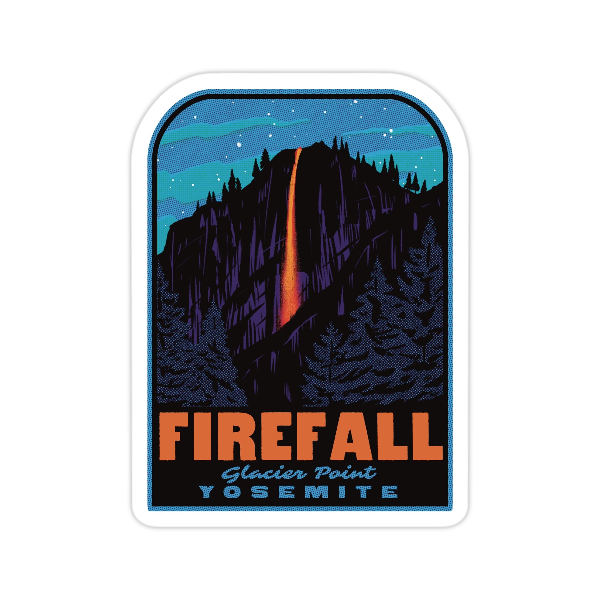 Sticker with 'Firefall' design of a mountain and waterfall at night, featuring the text 'Glacier Point Yosemite'.