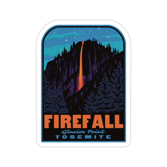 Sticker with 'Firefall' design of a mountain and waterfall at night, featuring the text 'Glacier Point Yosemite'.