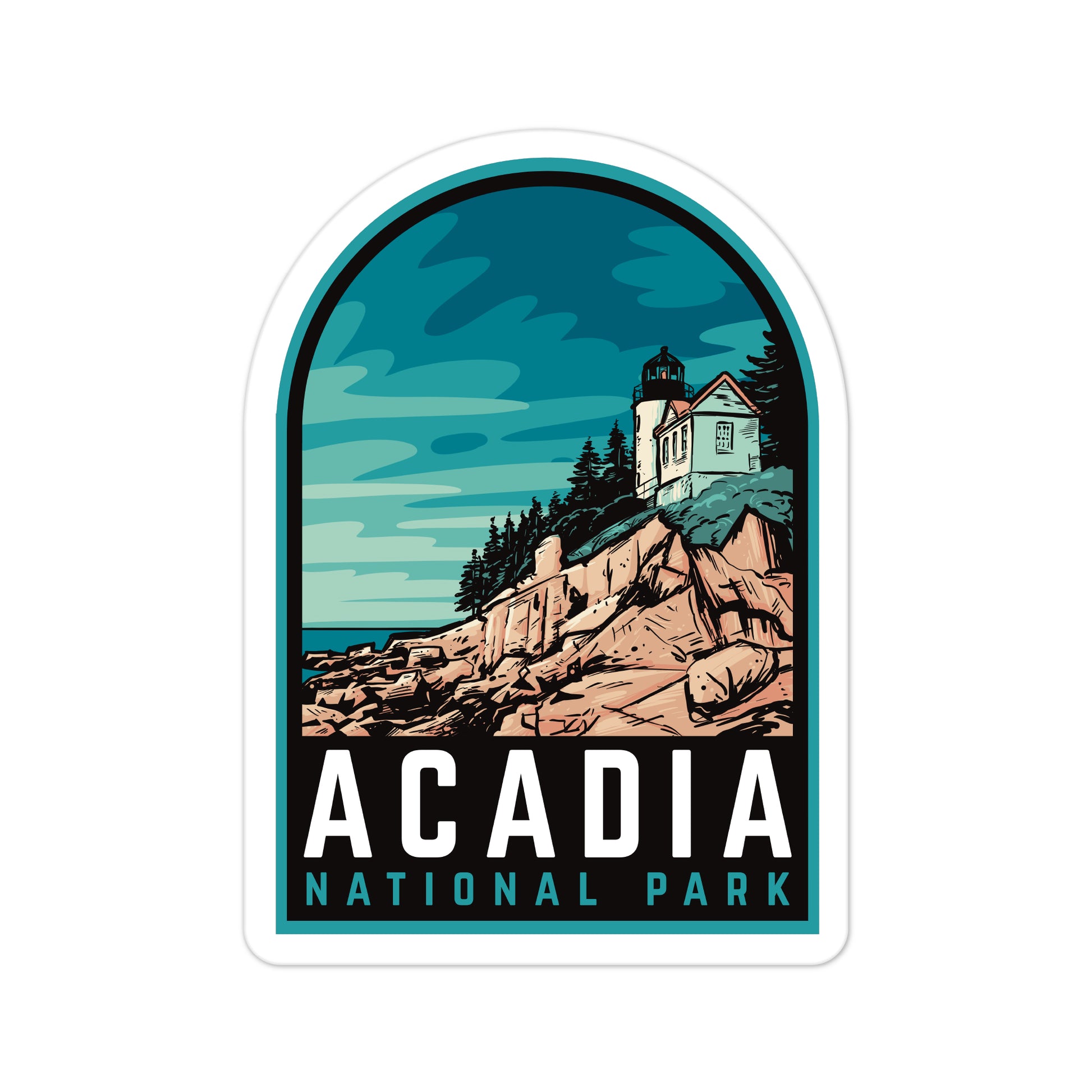 A sticker featuring an illustration of Acadia National Park