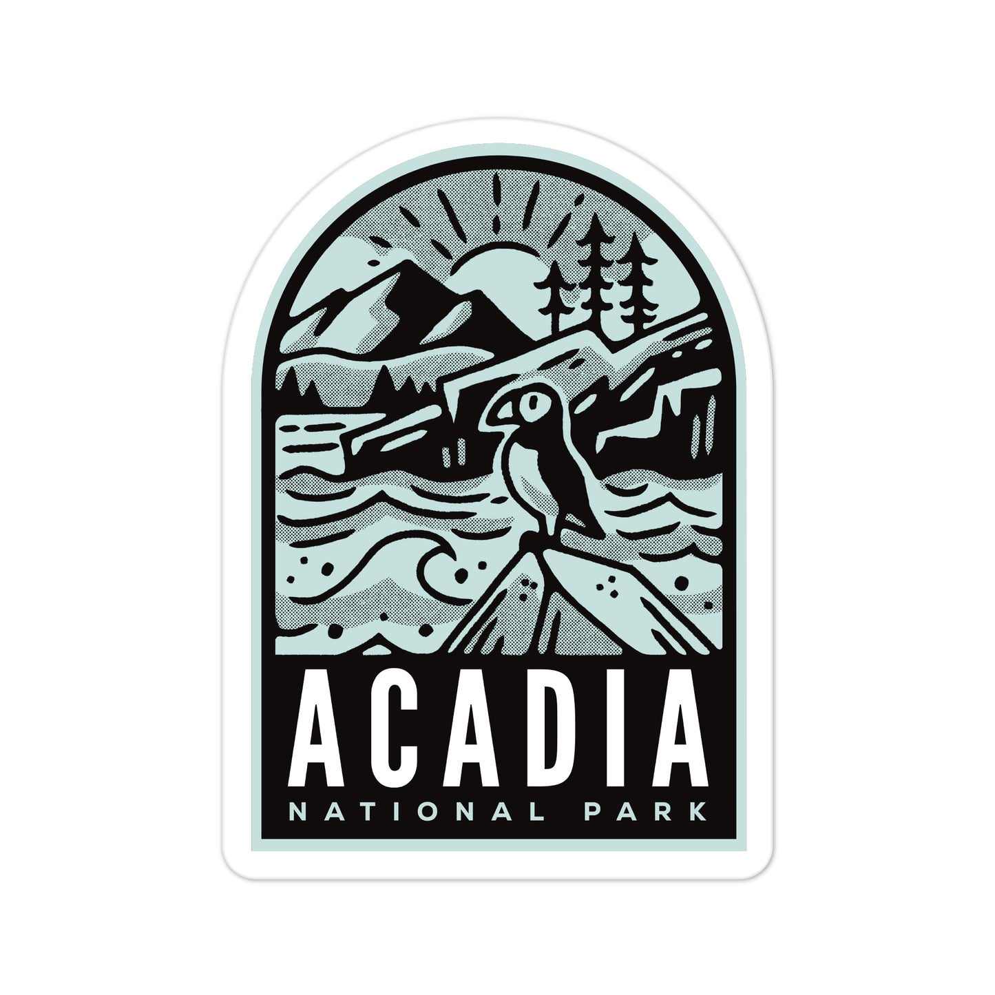 A sticker featuring an illustration of a puffin in Acadia National Park
