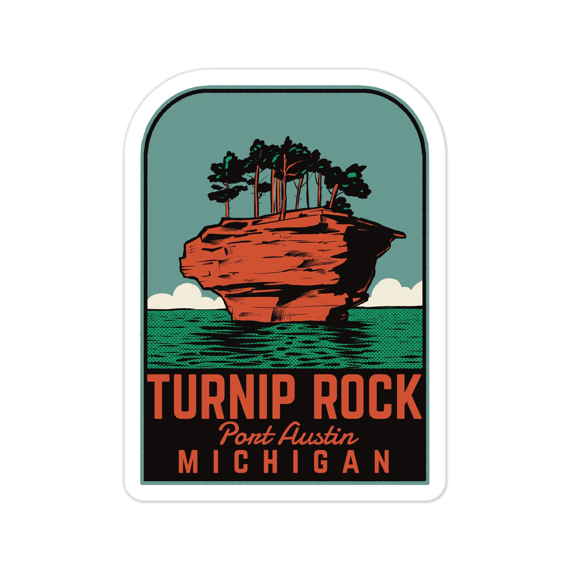 A sticker of Turnip Rock Michigan